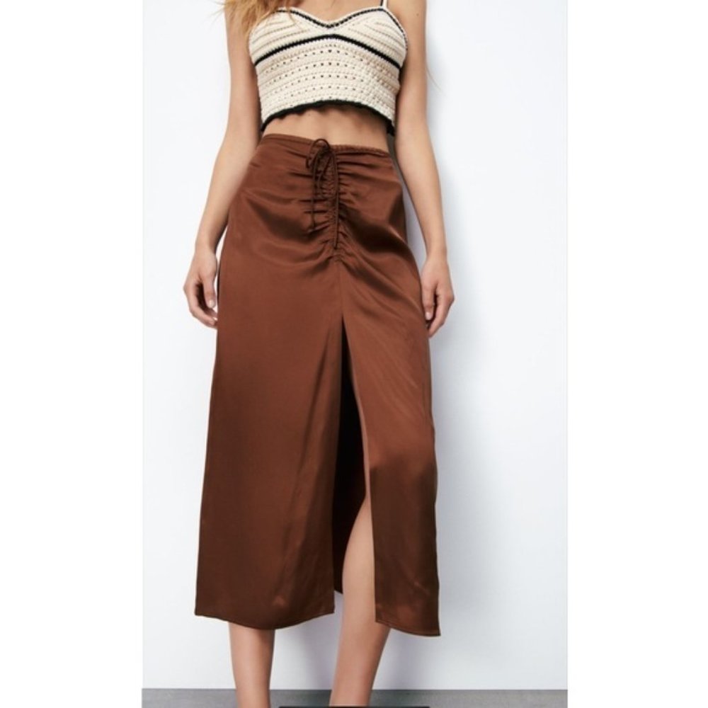 ZARA Satin Chocolate Brown Cinched High Waisted Midi Skirt | Size S
